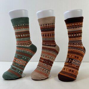 Womens Crew Socks Set 3 Fair Isle Nordic Pattern Green Orange Beige Brown